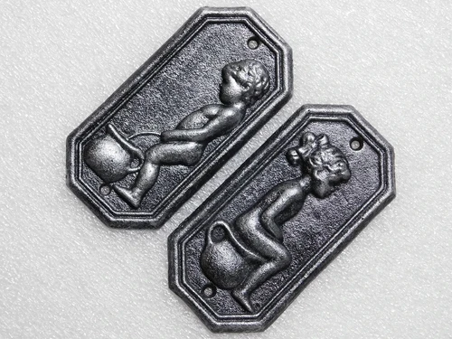 Cast Iron Toilet Signs Man & Woman – Set of 2 in Old Silver Look