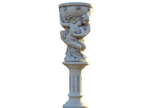 Man & Woman with Bowl on Pedestal - 140 cm - Solid Stone