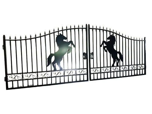 Beautiful black wrought iron gate – 496 cm wide – with rearing horse