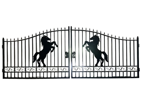 Beautiful black wrought iron gate – 596 cm wide – with rearing horse