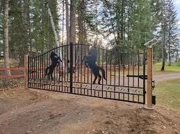 Beautiful black wrought iron gate – 596 cm wide – with rearing horse