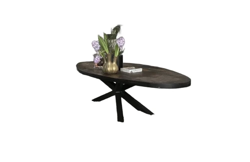 Robuuste ovale salontafel met fraai houten blad en ijzeren onderstel, MAAR 1 BESCHIKBAAR!!