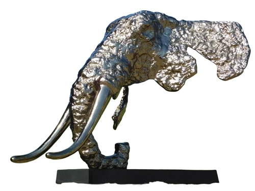 Skulptur Elefantenkopf - Alu mit silberen look auf alu schwarzen Fuss - Abstrakt