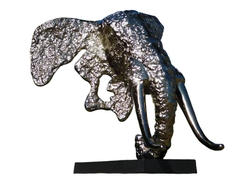 Skulptur Elefantenkopf - Alu mit silberen look auf alu schwarzen Fuss - Abstrakt