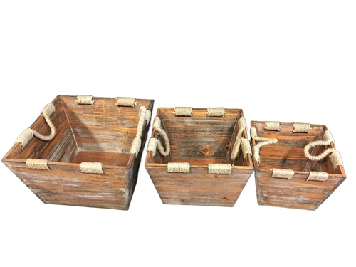Set of 3 Asian wooden trays with sisal rope