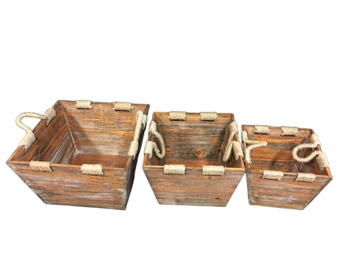 Set of 3 Asian wooden trays with sisal rope