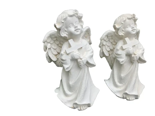 Set of angel statues with cross, made of polystone