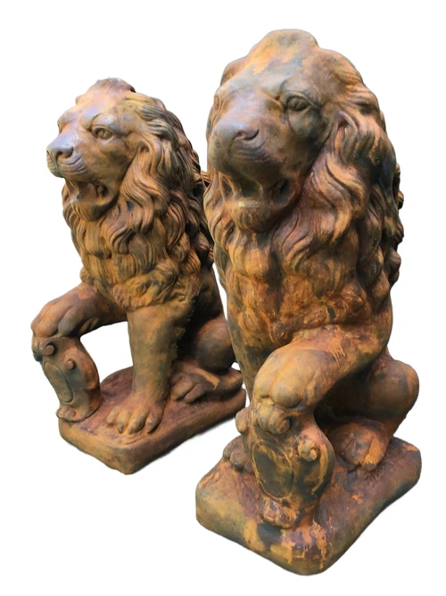 Set Große sitzende Löwen - Torwächter - Massivstein in Oxid