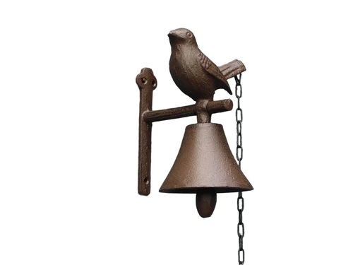 Klok in landelijke stijl, tuinbel met vogel, muurbel met kettingtakel
