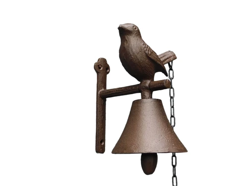 Klok in landelijke stijl, tuinbel met vogel, muurbel met kettingtakel