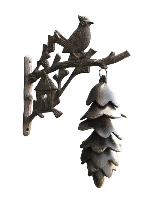 Windorgel, windgong, bird-dennenappel gong gietijzer, aan een prachtig sierlijke hanger.