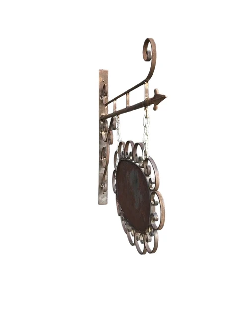 Winkelbord met zijarm, ongeverfd smeedijzeren naambord.