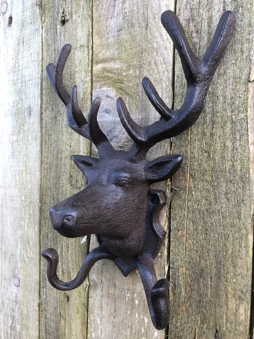 Deer Head Wall Coat Rack - Cast Iron - 2 Hooks - Country & Hunting Style
