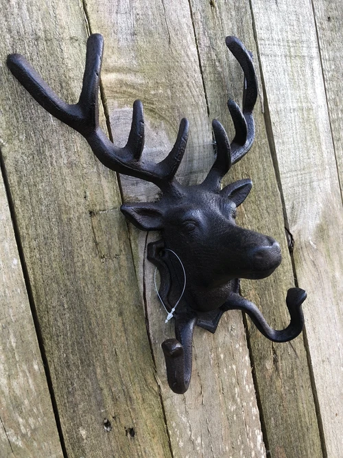 Deer Head Wall Coat Rack - Cast Iron - 2 Hooks - Country & Hunting Style