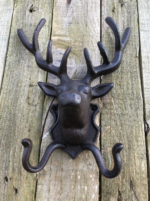 Deer Head Wall Coat Rack - Cast Iron - 2 Hooks - Country & Hunting Style