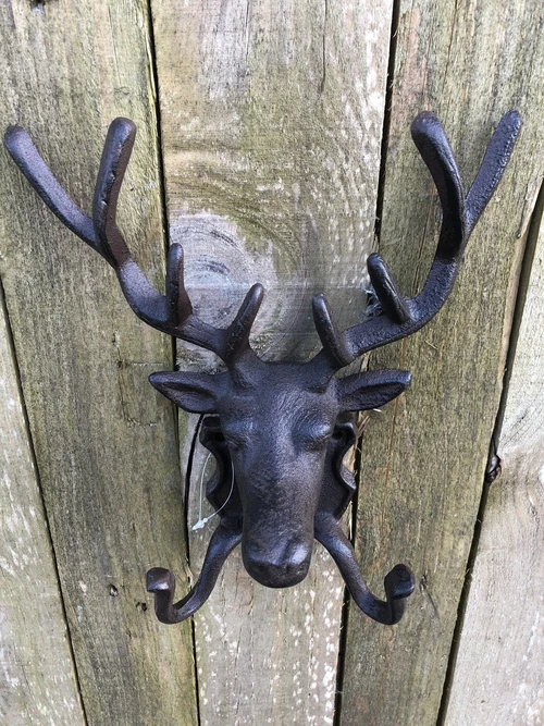 Deer Head Wall Coat Rack - Cast Iron - 2 Hooks - Country & Hunting Style