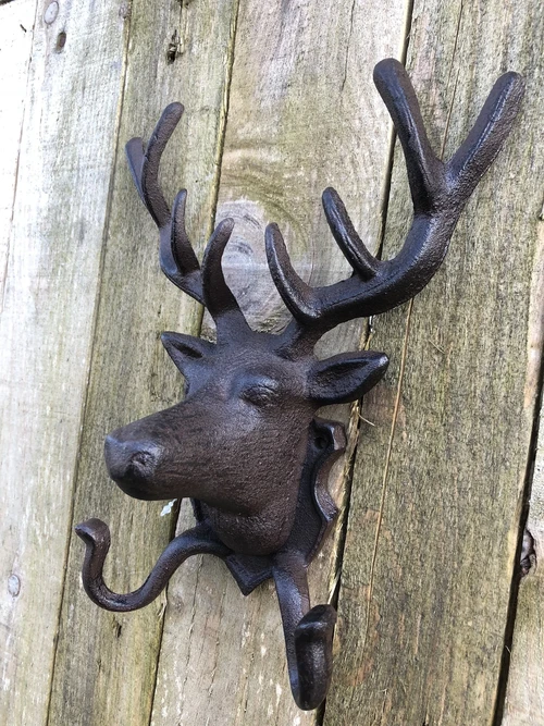 Deer Head Wall Coat Rack - Cast Iron - 2 Hooks - Country & Hunting Style