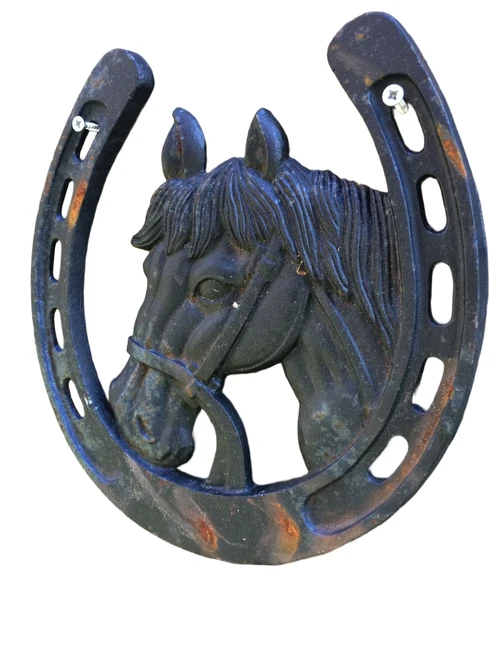 Large Horseshoe with Horse’s Head – Cast Iron – Black Patina