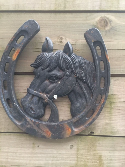 Large Horseshoe with Horse’s Head – Cast Iron – Black Patina