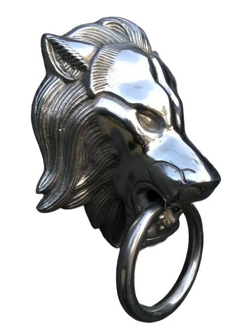 Beautiful aluminum impression of a full lion's head with ring, door knocker.