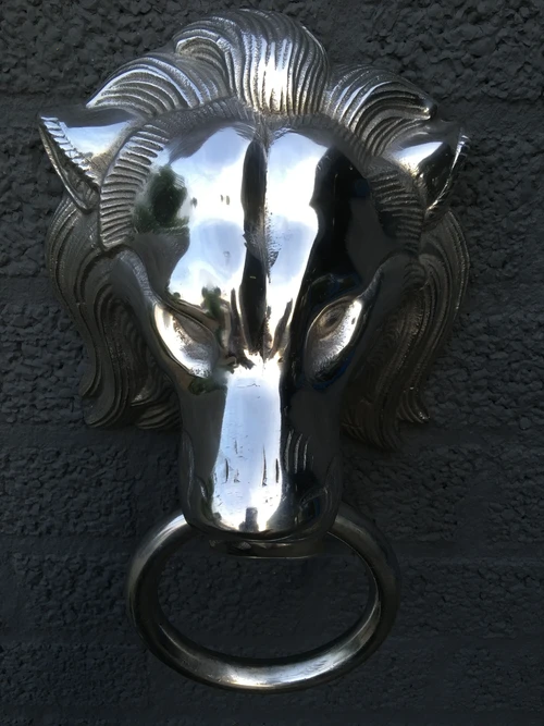 Beautiful aluminum impression of a full lion's head with ring, door knocker.