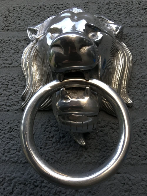 Beautiful aluminum impression of a full lion's head with ring, door knocker.