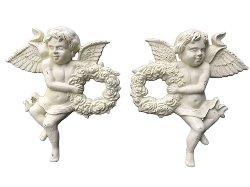 Set of Wall Angels – Cast Iron – 34 cm High – White-Rust