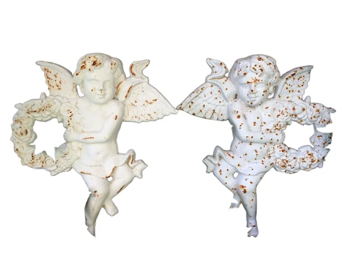 Set of Wall Angels – Cast Iron – 34 cm High – White-Rust