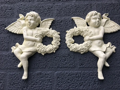 Set of Wall Angels – Cast Iron – 34 cm High – White-Rust