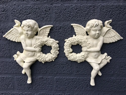 Set of Wall Angels – Cast Iron – 34 cm High – White-Rust