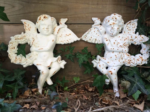 Set of Wall Angels – Cast Iron – 34 cm High – White-Rust