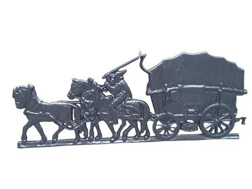 Wanddecoratie, gietijzeren haardplaat Boerenpaard met wagen, kleur zwart