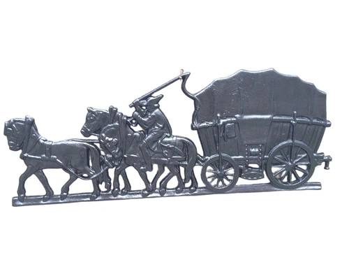 Wanddecoratie, gietijzeren haardplaat Boerenpaard met wagen, kleur zwart