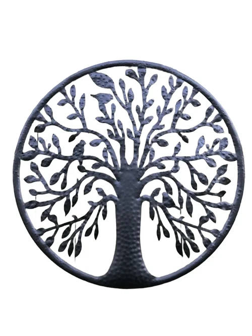 Wandornament ''levensboom'', met vogels erin, mat zwart
