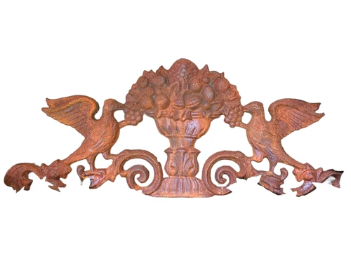Classic Wall Ornament: Two Doves with a Fruit Bowl – Cast Iron – Rust – 76 cm