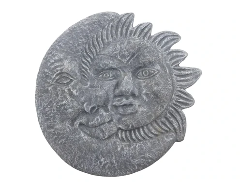 Reliëf wandplaat steen zon en de maan gietsteen, grijs