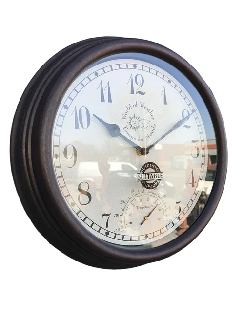 Stationsklok outdoor klok met thermometer, metalen look.