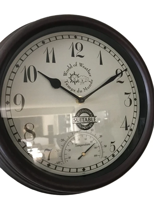 Stationsklok outdoor klok met thermometer, metalen look.