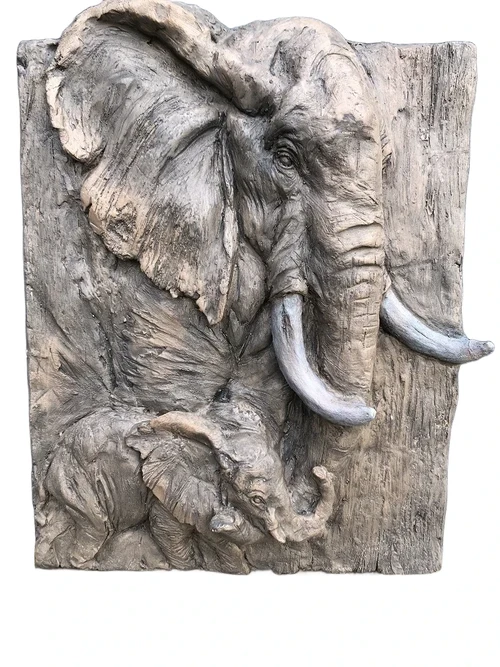 Wall ornament wood look with 3D image of 2 elephants, polystone-wood.