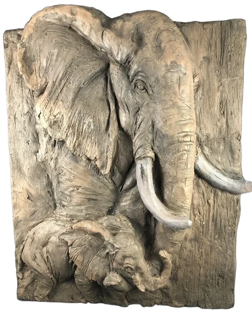 Wall ornament wood look with 3D image of 2 elephants, polystone-wood.
