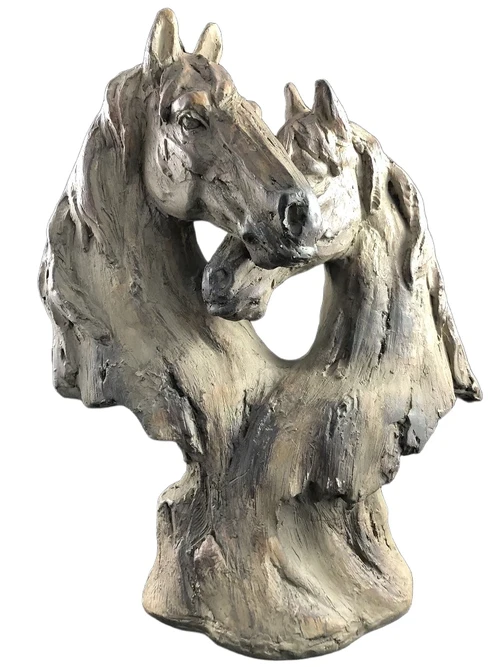 Beautiful horse statue of two horse heads, wood look.