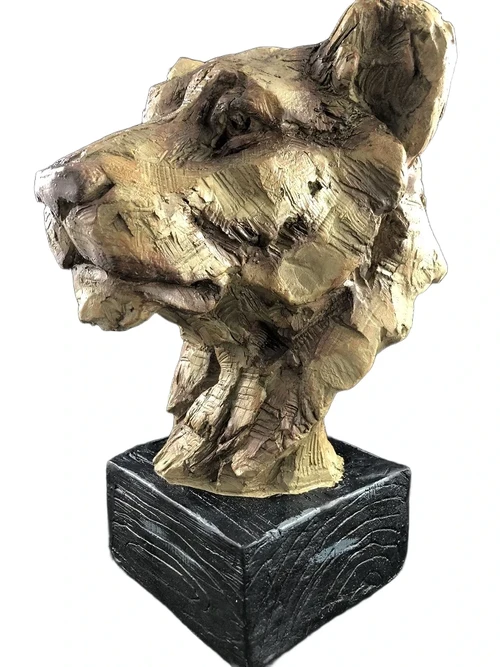 A beautiful head of a lion, beautiful in detail, polystone wood look