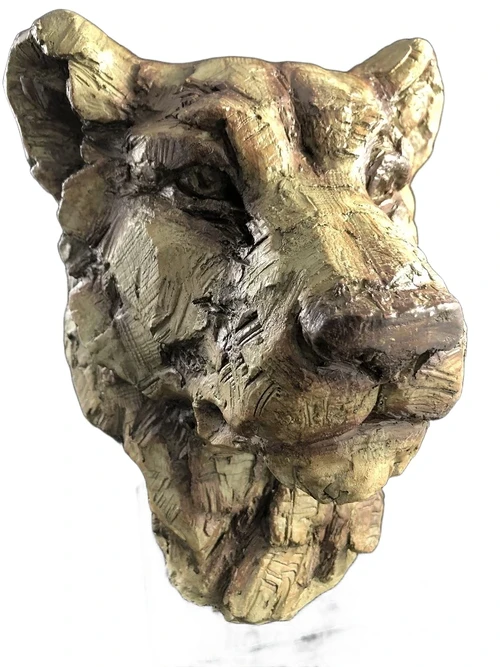 A beautiful head of a lion, beautiful in detail, polystone wood look