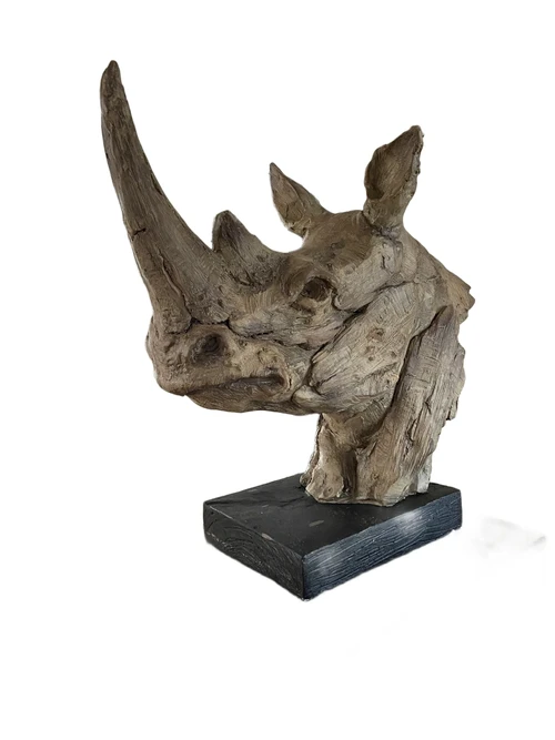 A beautiful head of a rhino, beautiful in detail, polystone wood look