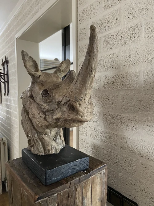 A beautiful head of a rhino, beautiful in detail, polystone wood look
