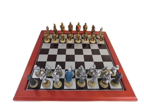 A chess game with the theme: ''MEDIEVAL KNIGHTS'', beautiful chess pieces as medieval knights