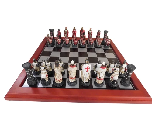 A chess game with the theme: ''MEDIEVAL KNIGHTS'', beautiful chess pieces like medieval knights on a wooden chessboard.