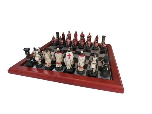 A chess game with the theme: ''MEDIEVAL KNIGHTS'', beautiful chess pieces like medieval knights on a wooden chessboard.