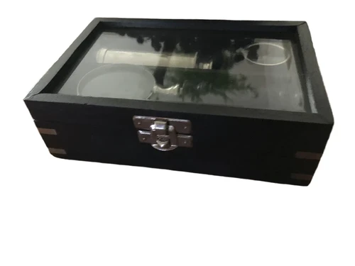 Gift set, gift set, binoculars, magnifying glass and compass in wood-glass storage box