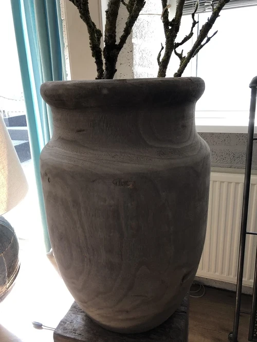 Beautiful large wooden vase-pot in the color gray.
